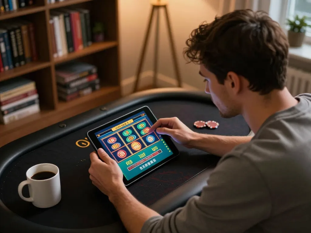 Engaged gambler using top quality widgets for online gameplay on tablet during a strategic session