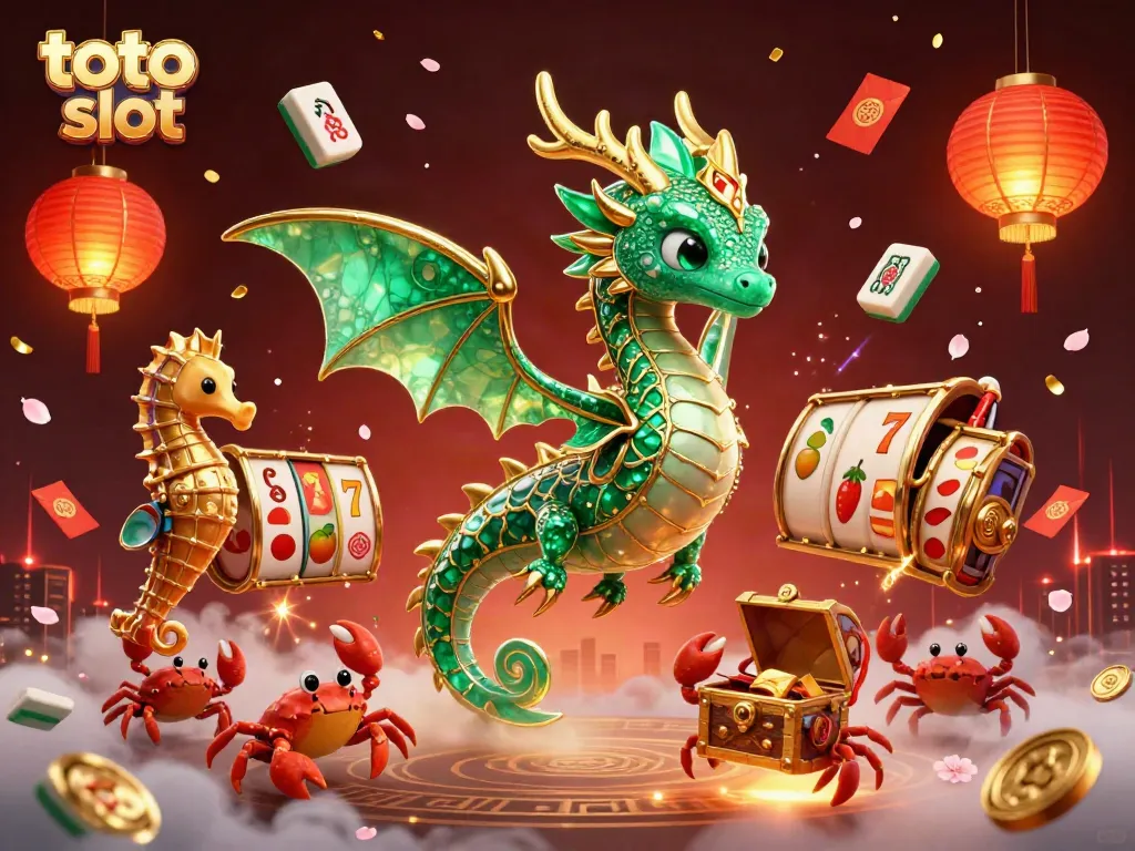 Engage with the adventurous toto slot experience featuring a soaring emerald sea dragon and vibrant slot elements.