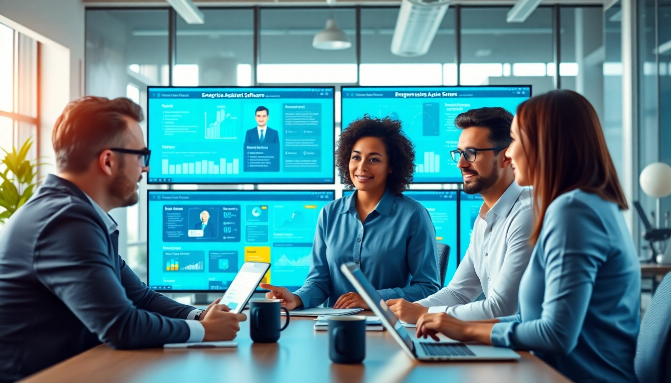Showcase of enterprise assistant software interface on multiple screens in a collaborative office.