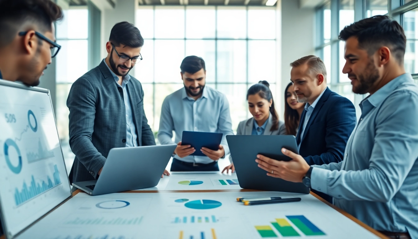 Analyze competitor pricing strategies with a diverse team in a modern office environment.