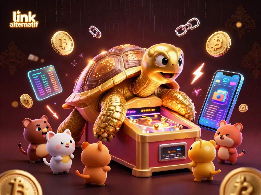 Engage in thrilling gameplay with link alternatif, featuring a vibrant 3D casino scene with cryptocurrency elements.