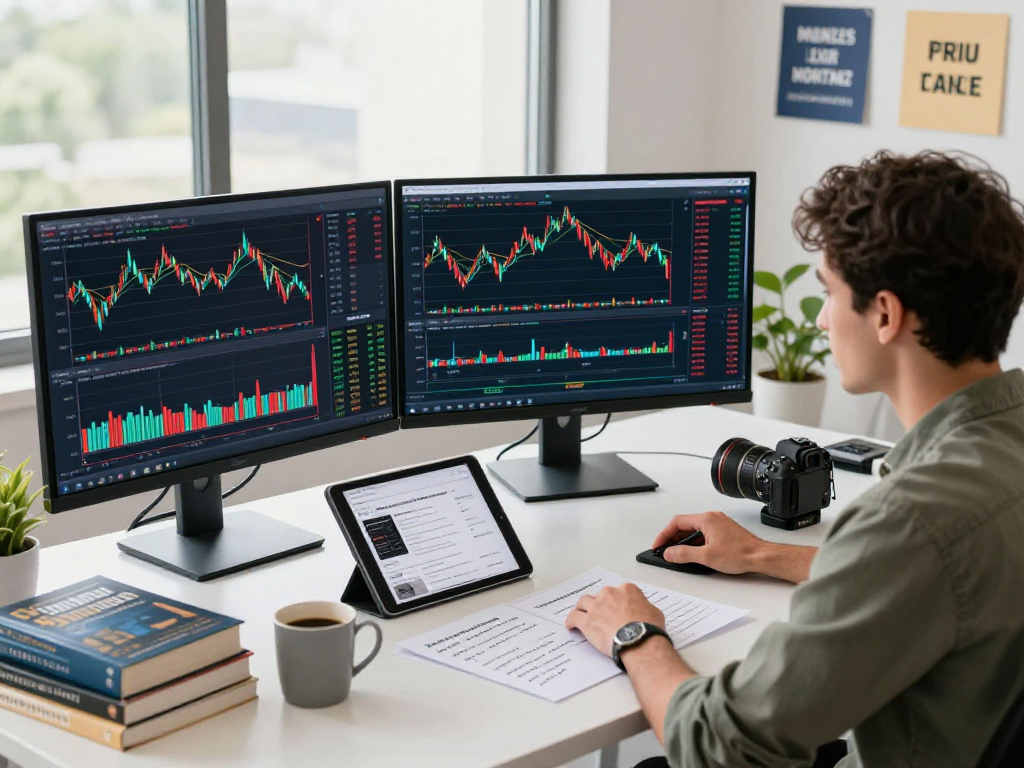 Focused trader using TradingView platform for market analysis in a modern office setting.