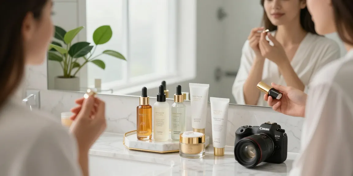 Aplicarea produselor de îngrijire a pielii într-o baie liniștită în timpul unei rutine de dimineață, evidențiind produse de frumusețe elegante.
