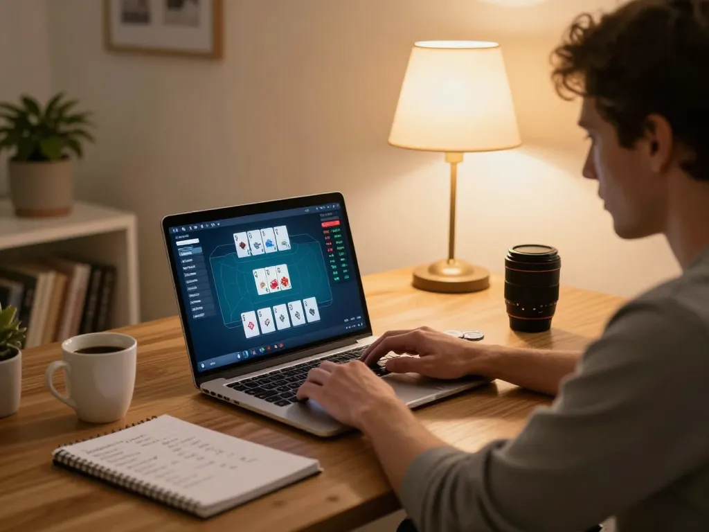 uu88 player engaged in online poker, showcasing a strategic approach to gaming at home