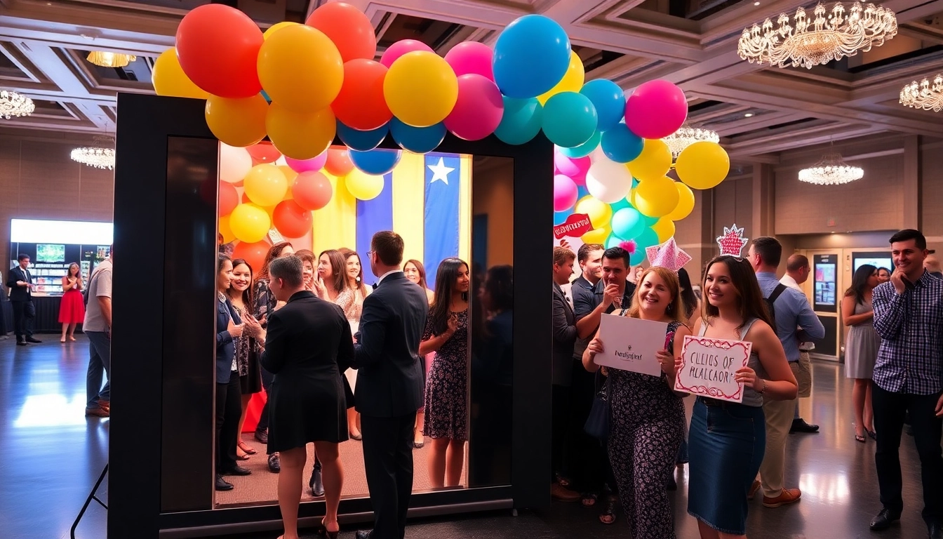 Guests smiling in a vibrant photo booth chicago for events with colorful props and decorations.