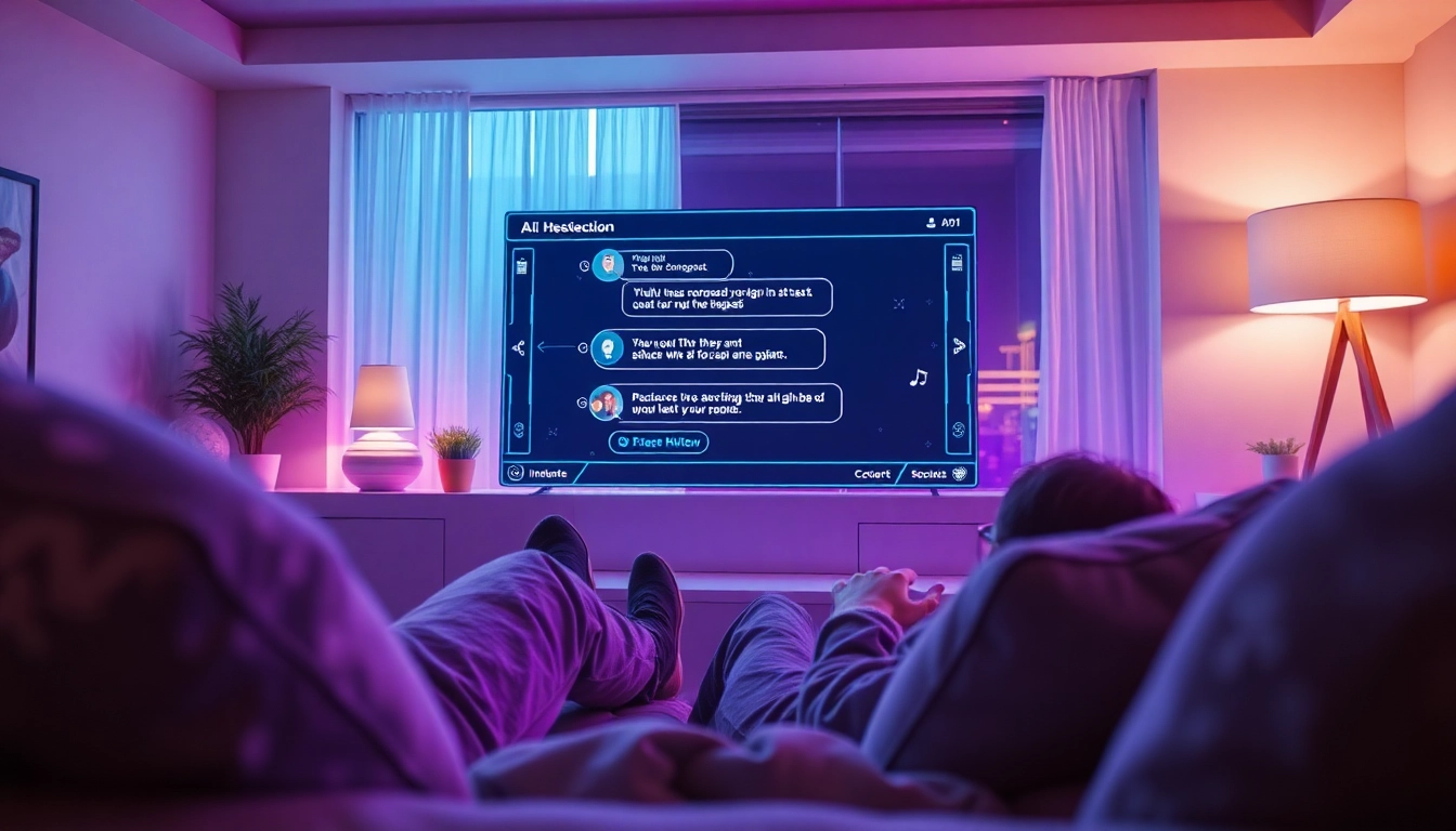 Interactive scene featuring a user engaging with a free nsfw ai chatbot in a cozy modern setting.