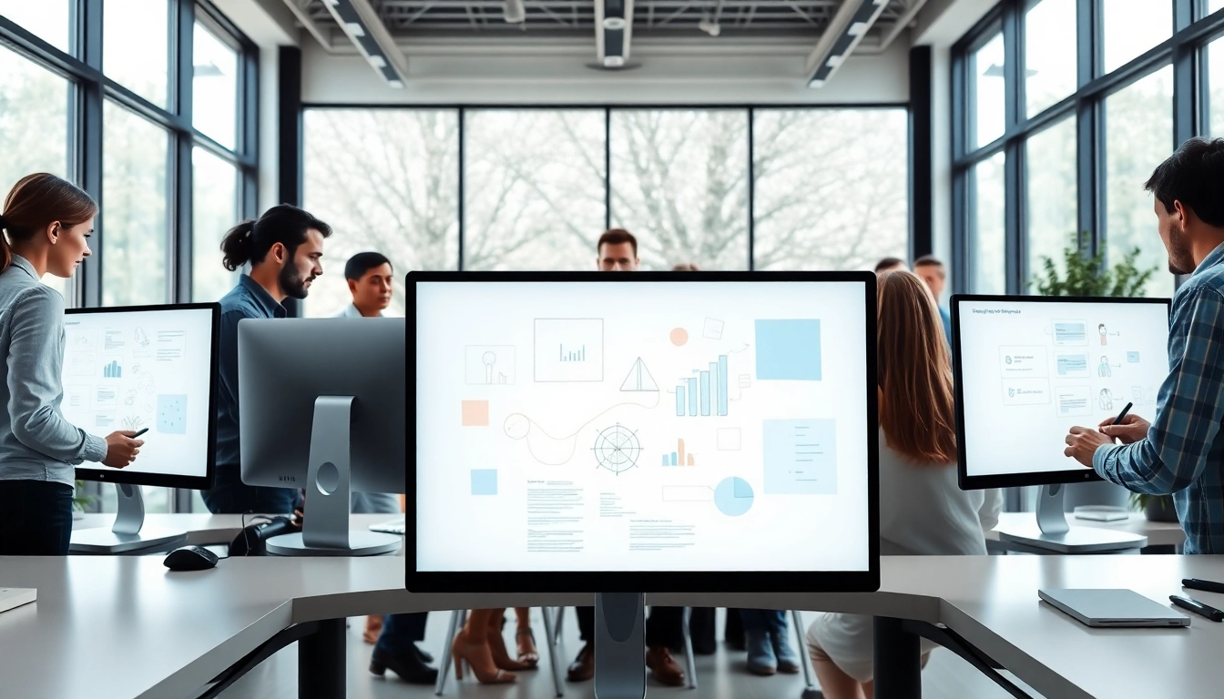 Dynamic team engaging in collaborative web design at a modern office, showcasing Hereford Web Design.