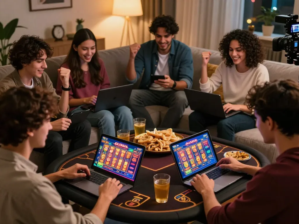 Players engaging with the slot server kamboja on mobile devices, celebrating wins in a cozy home setting.