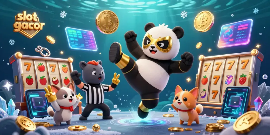 Experience the excitement of slot gacor with a dynamic scene featuring a wrestling panda and a referee chihuahua in a vibrant casino environment.