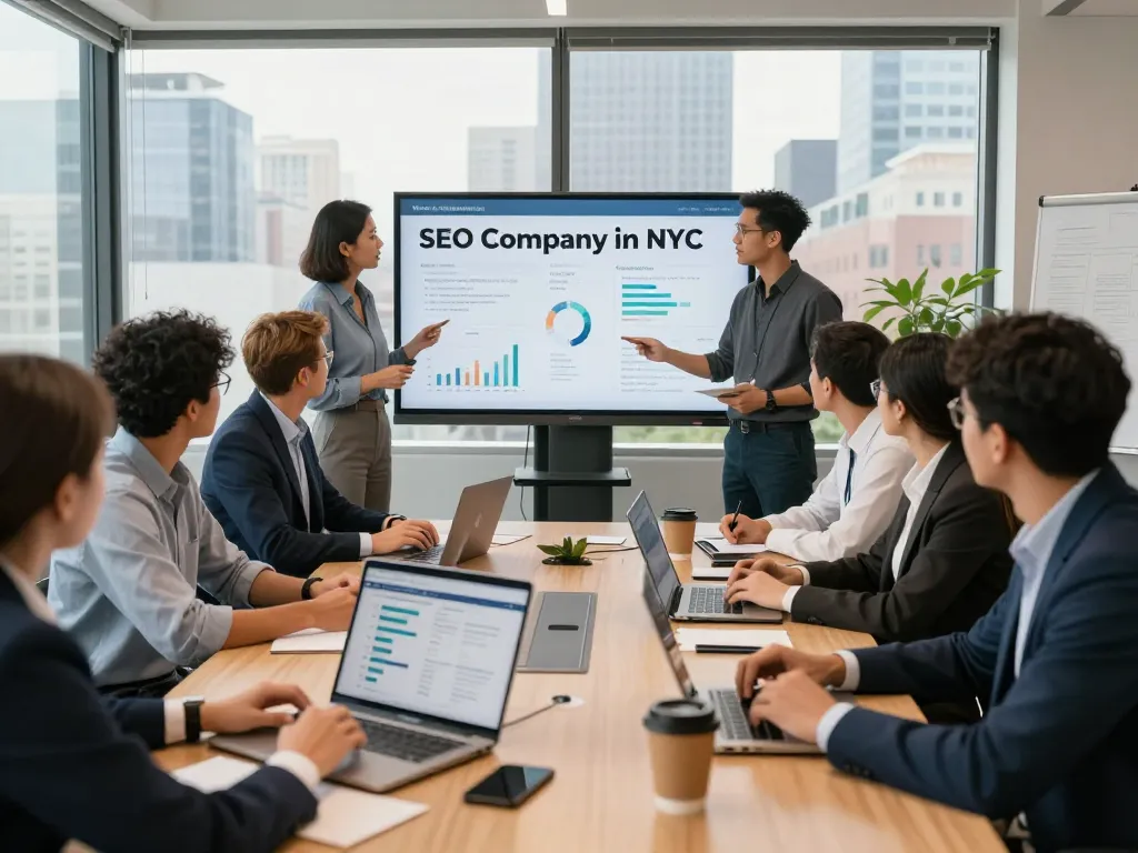 Team collaboration in an SEO Company in NYC working on digital marketing strategies.