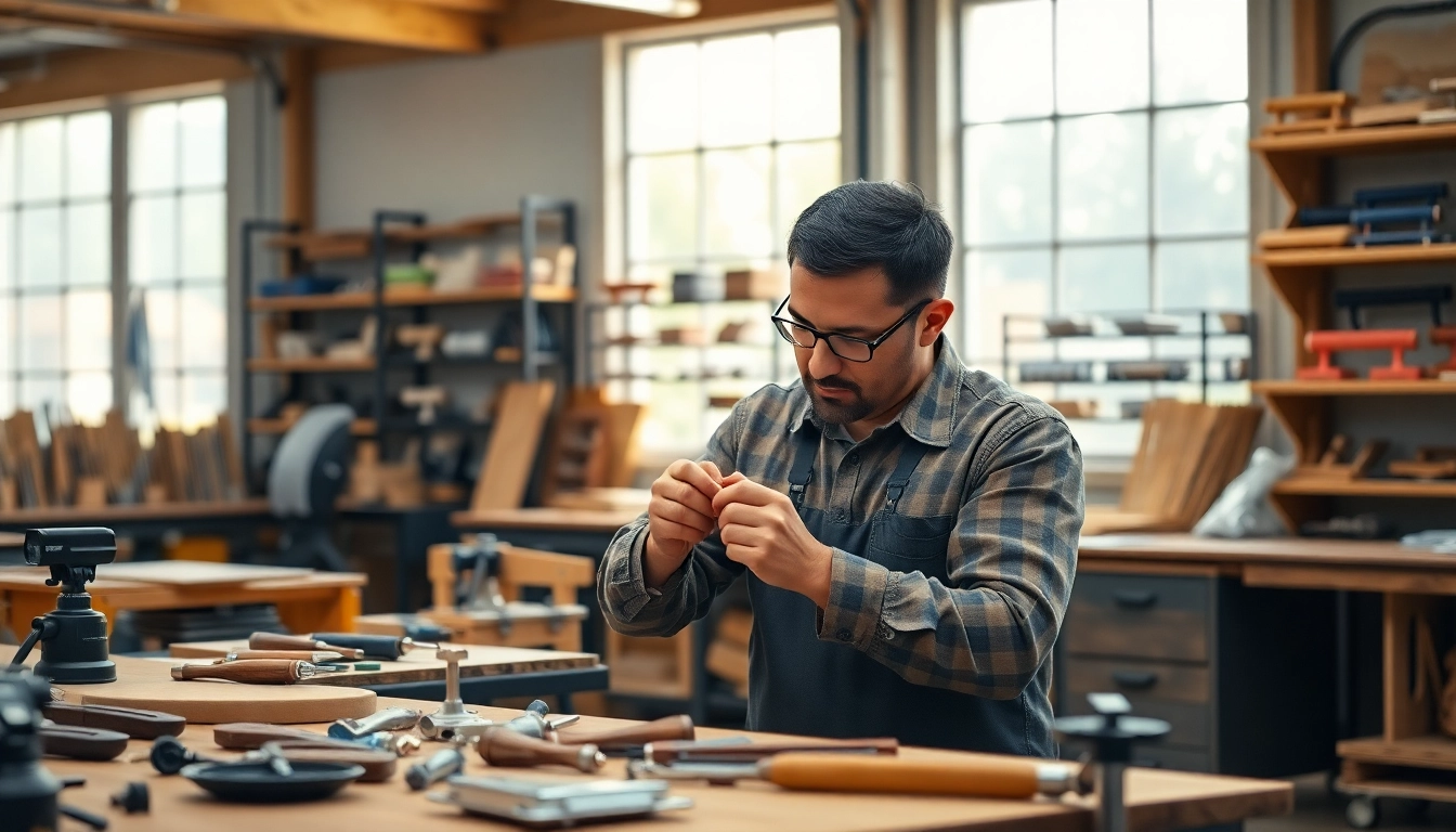 Skilled craftsman at a handle manufacturer workshop, demonstrating expert assembly techniques.