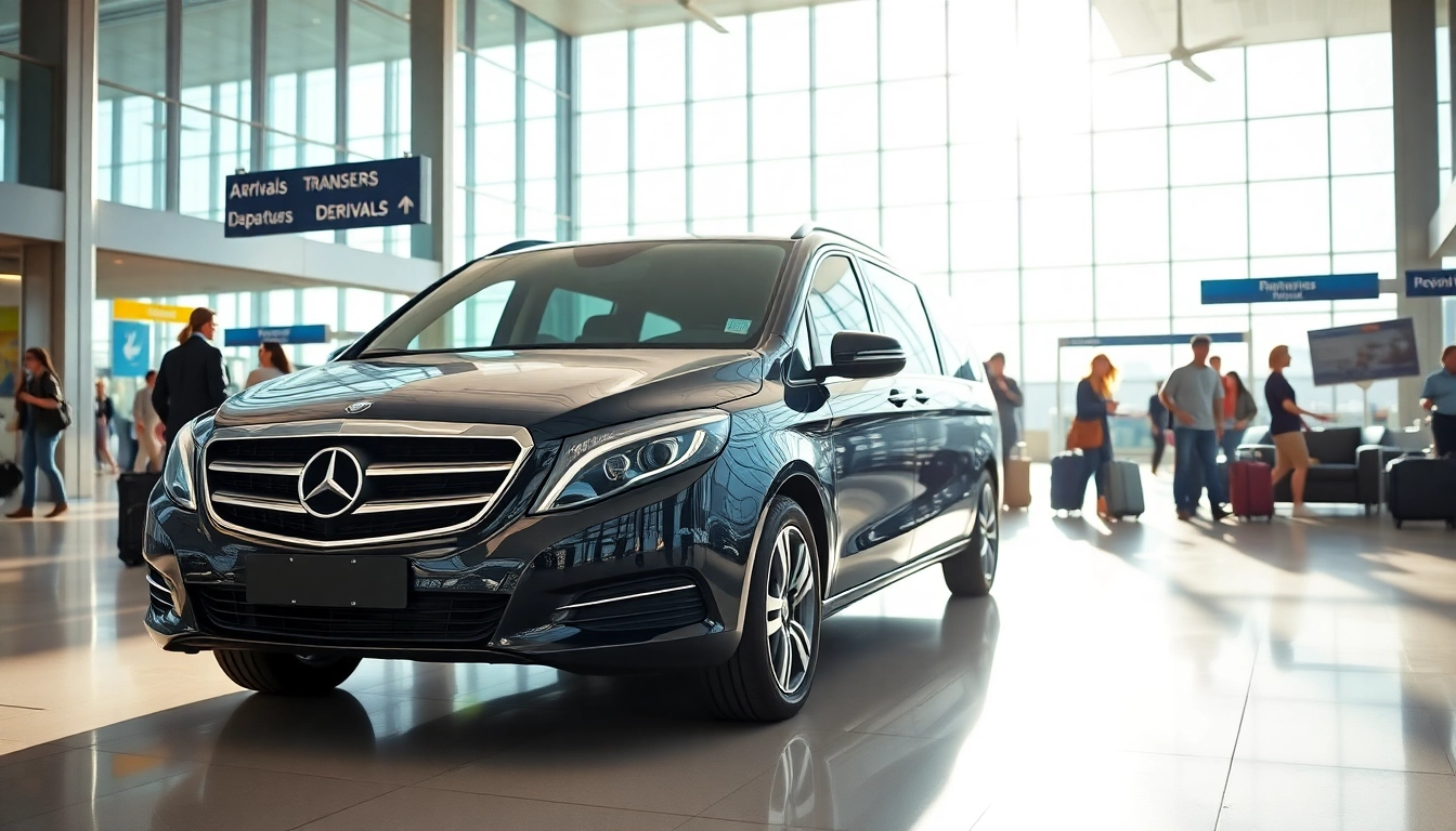 Streamlined Private Airport Transfers service at a bustling airport terminal with cars and travelers.