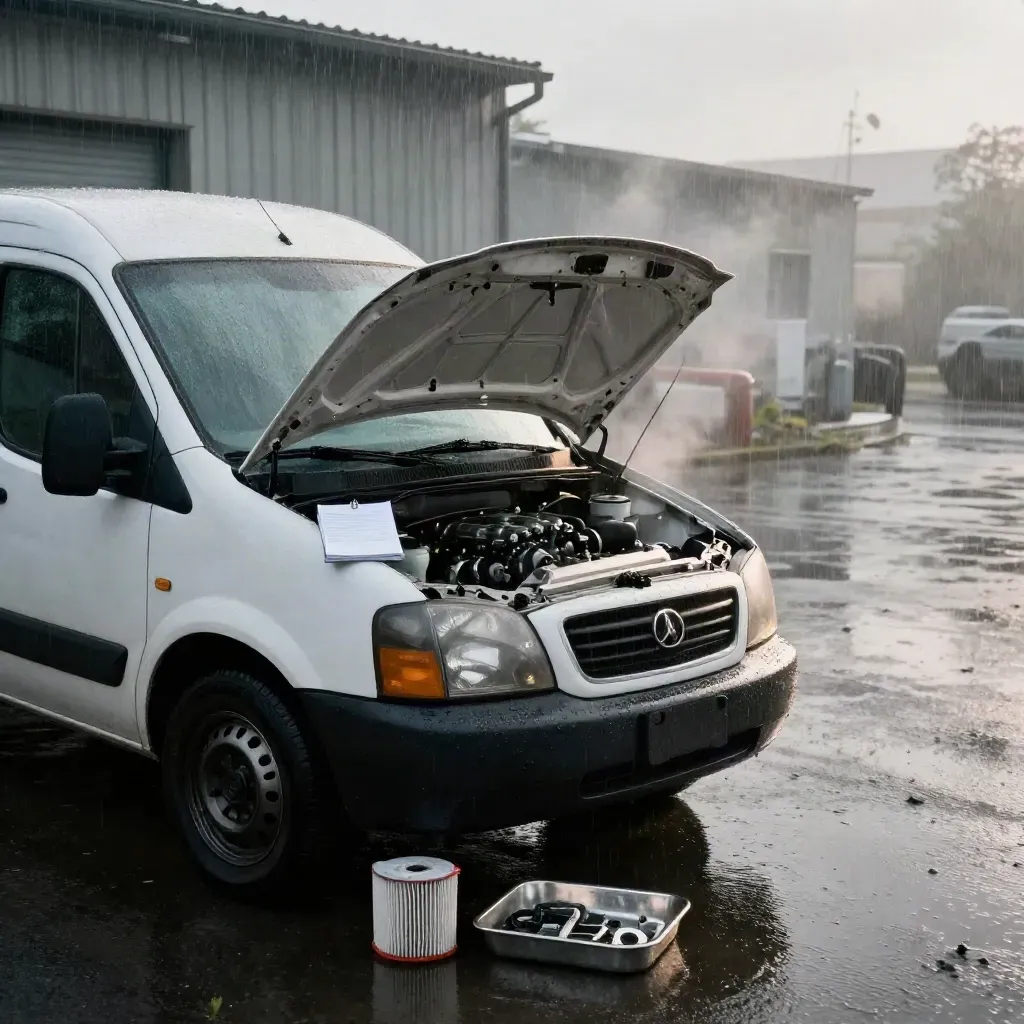 White fleet van in a wet service yard with hood up and engine parts, steam rising after rain.