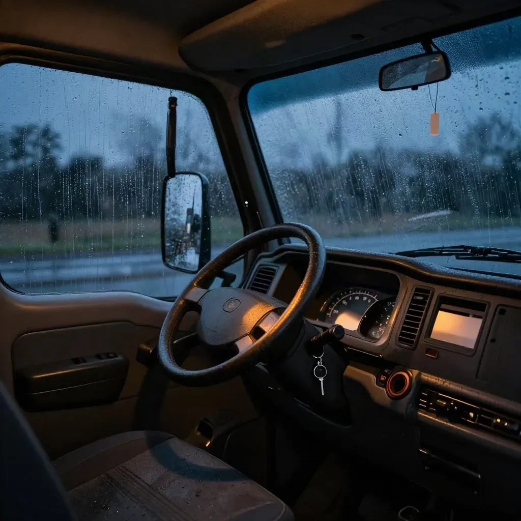Rainy work truck cab at blue hour with glowing dash and a dangling reminder tag.
