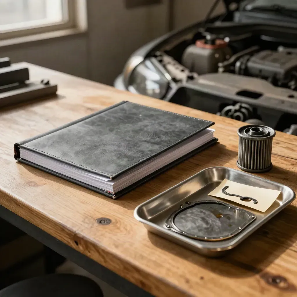 Open engine-bay binder with service sleeves, oil filter, gasket pack and aluminum tray in warm shop light.