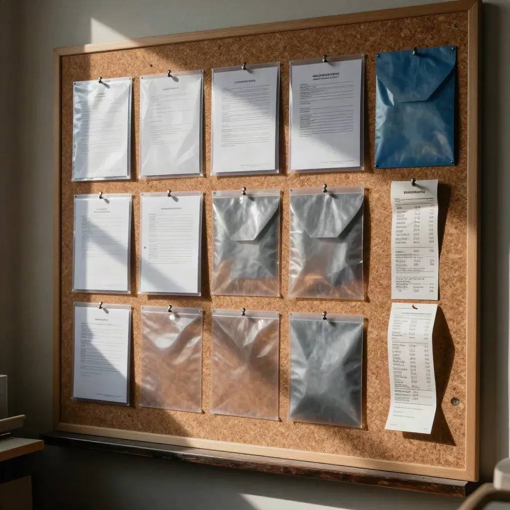Corkboard warranty wall with sleeves, receipts, and part bags under workshop light.