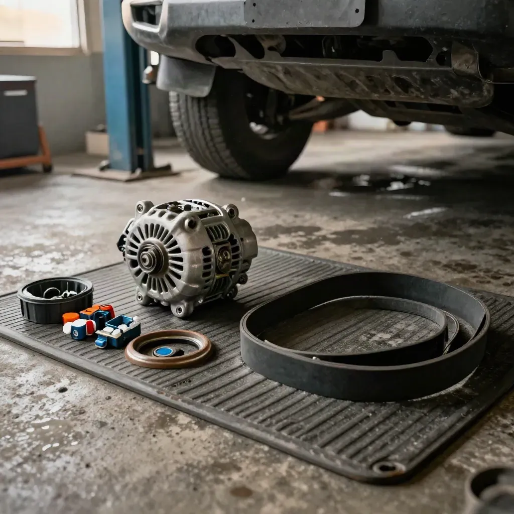 Lifted SUV engine swap with alternator, belt, gasket ring, and parts bins on a rubber mat.