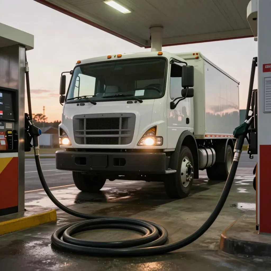 White utility truck turns at a fuel island with hose coils and evening vapor