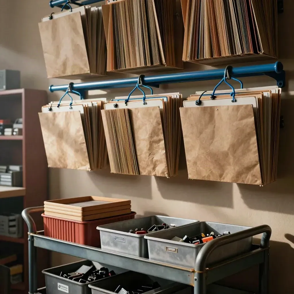 Overhead view of hanging file folders and route strings above a rolling parts cart in warm archive light.