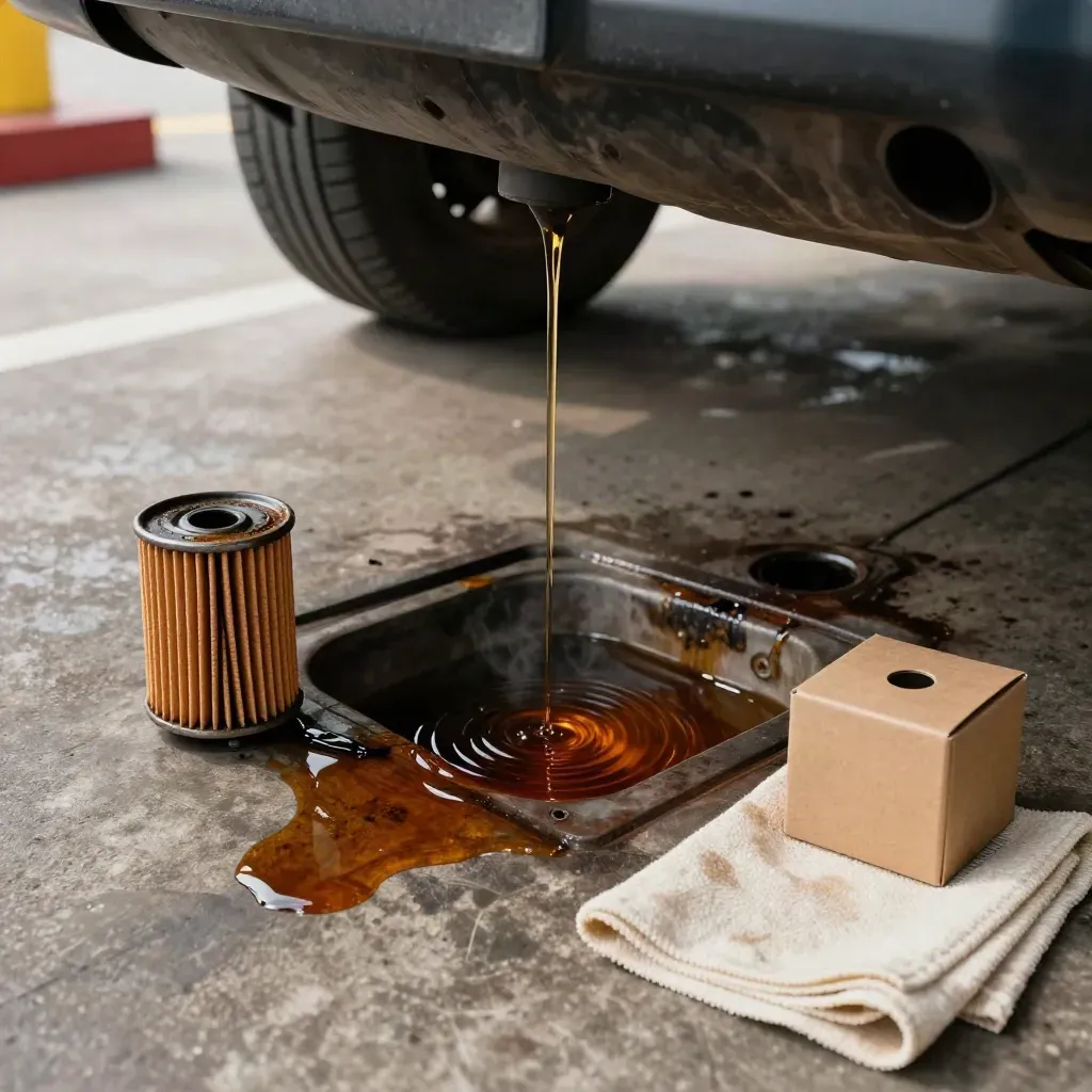 Top-down of an oil change finishing: drain pan, used filter, new box, rag beside a sedan on a lift.