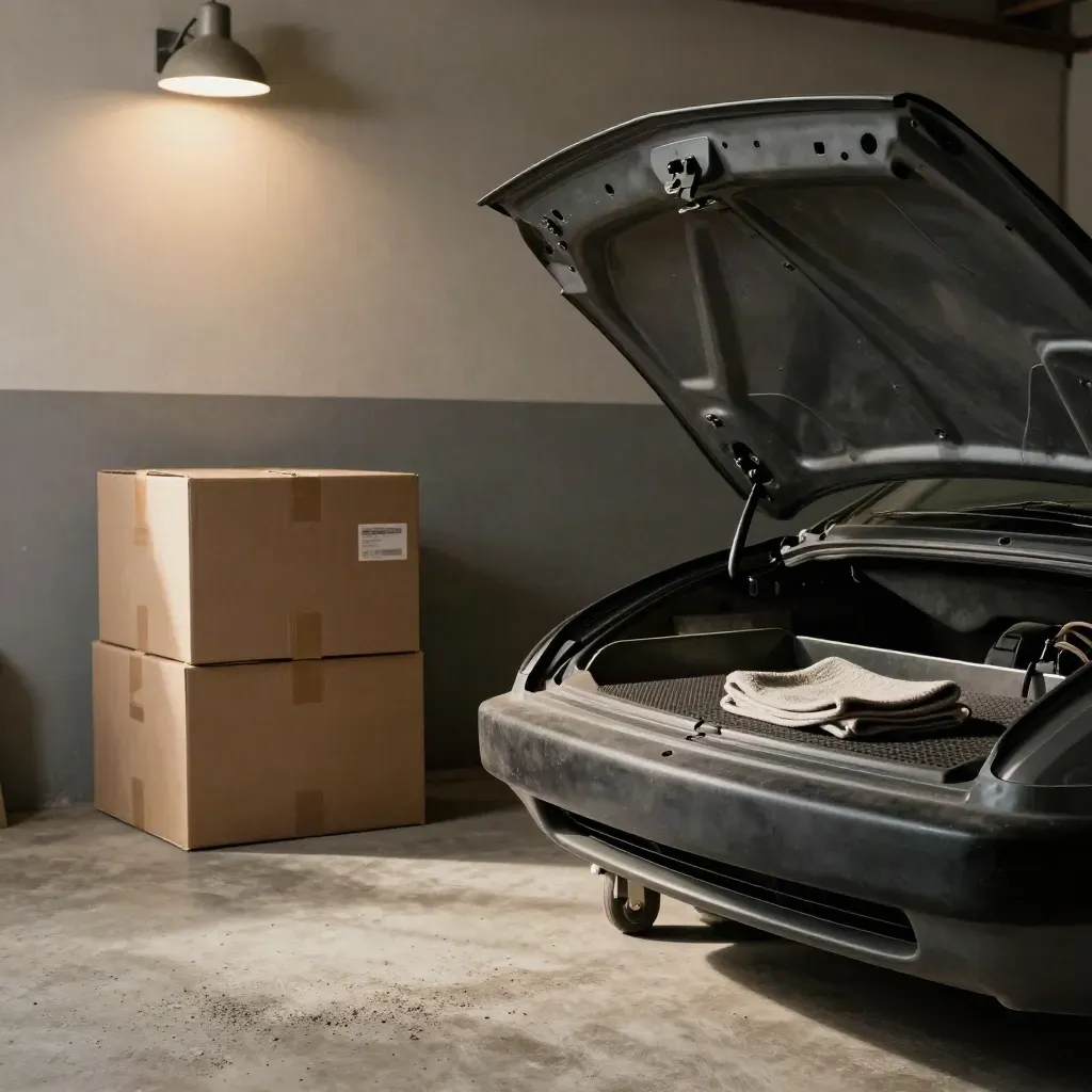 Quiet open service bay with hood up, cart and archive boxes in warm dusty workshop light.