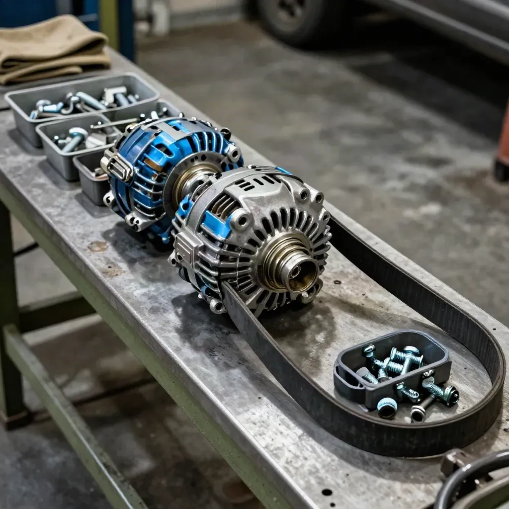 Alternator, belt, and cover plate lined up on an engine bench beside tagged bins.