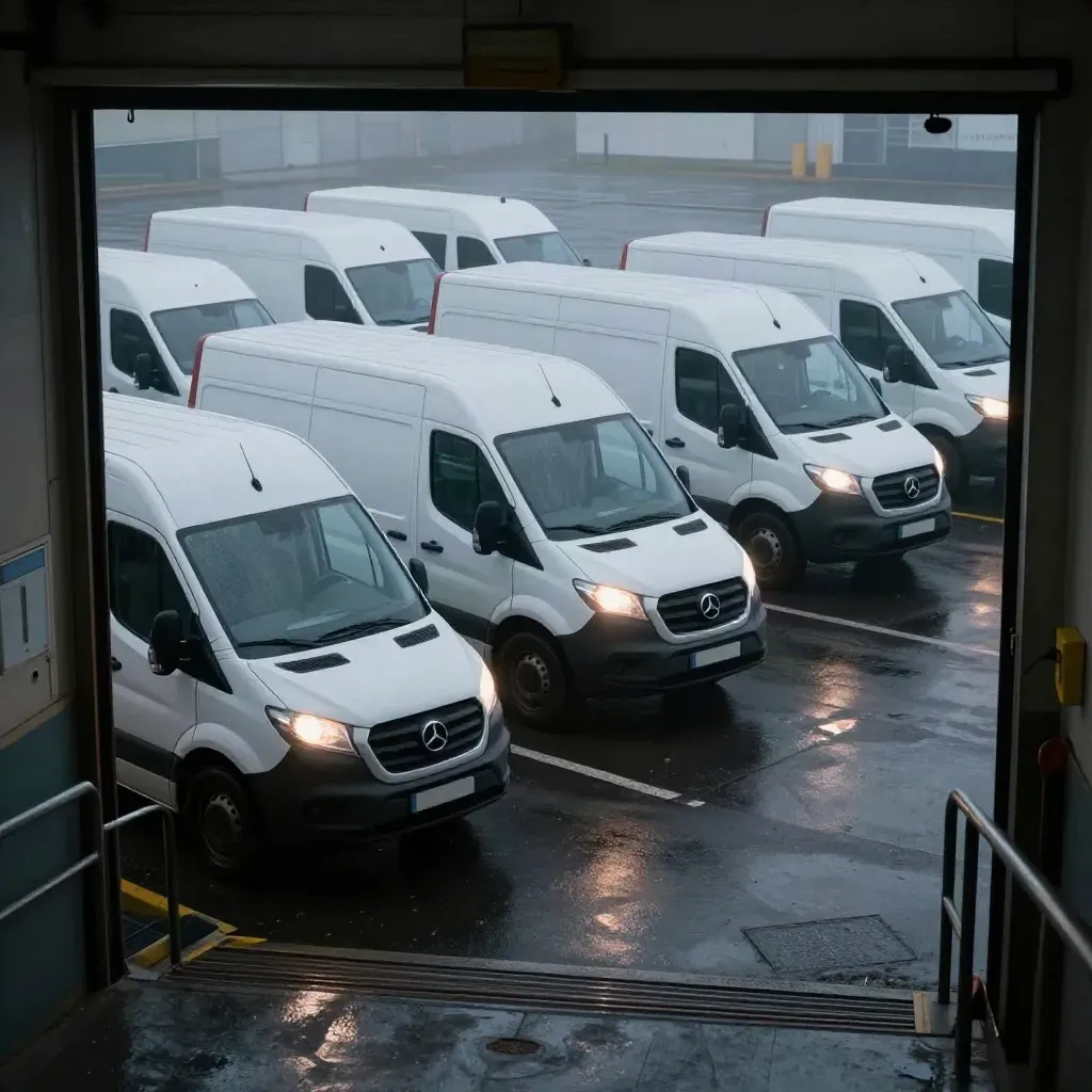 Fleet vans queue at dusk beside an open bay, service light reflecting on wet pavement in mist.