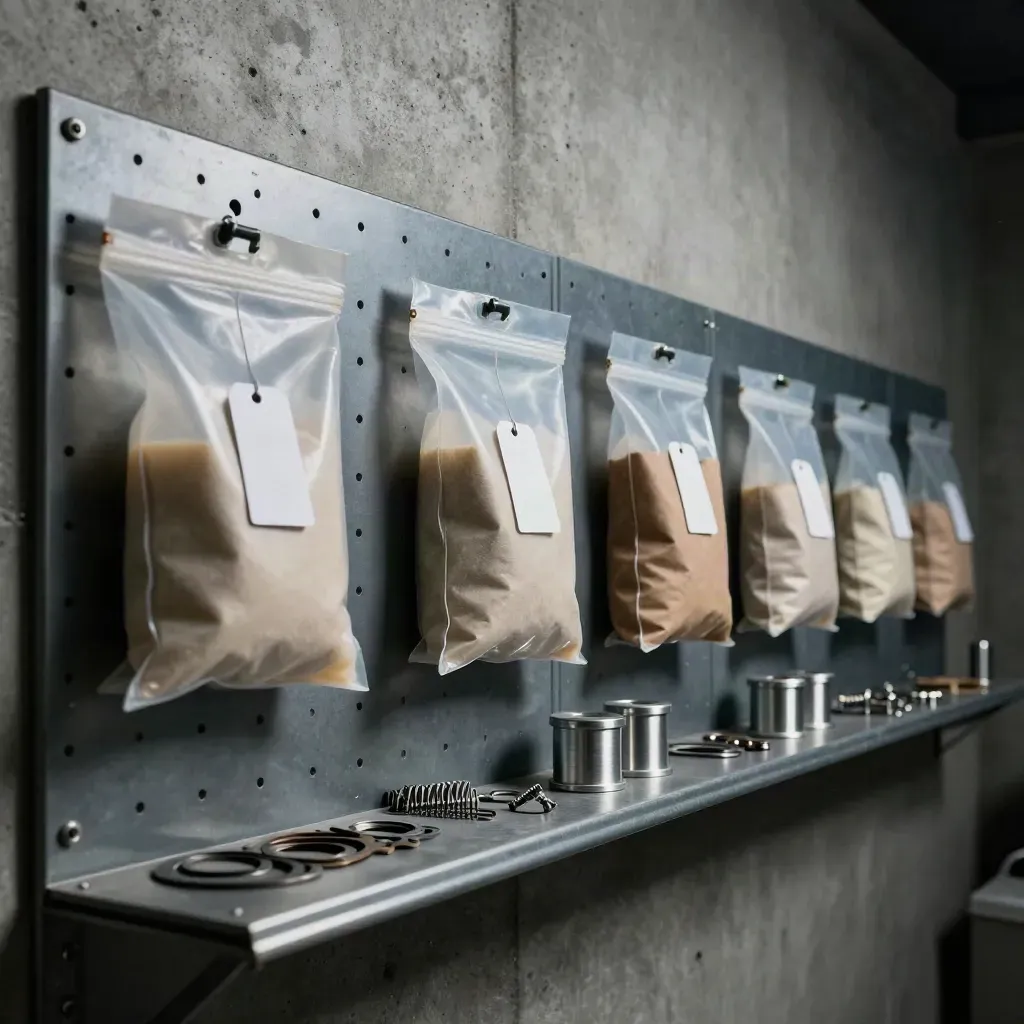 Peg wall of hanging parts bags and clips above a shelf, shot diagonally in a quiet workshop.