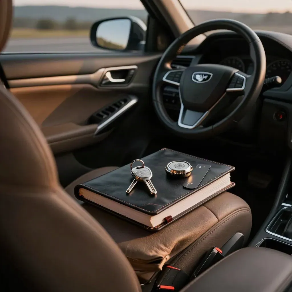 Closed owner log book with car keys and fuel cap on a leather seat at dusk