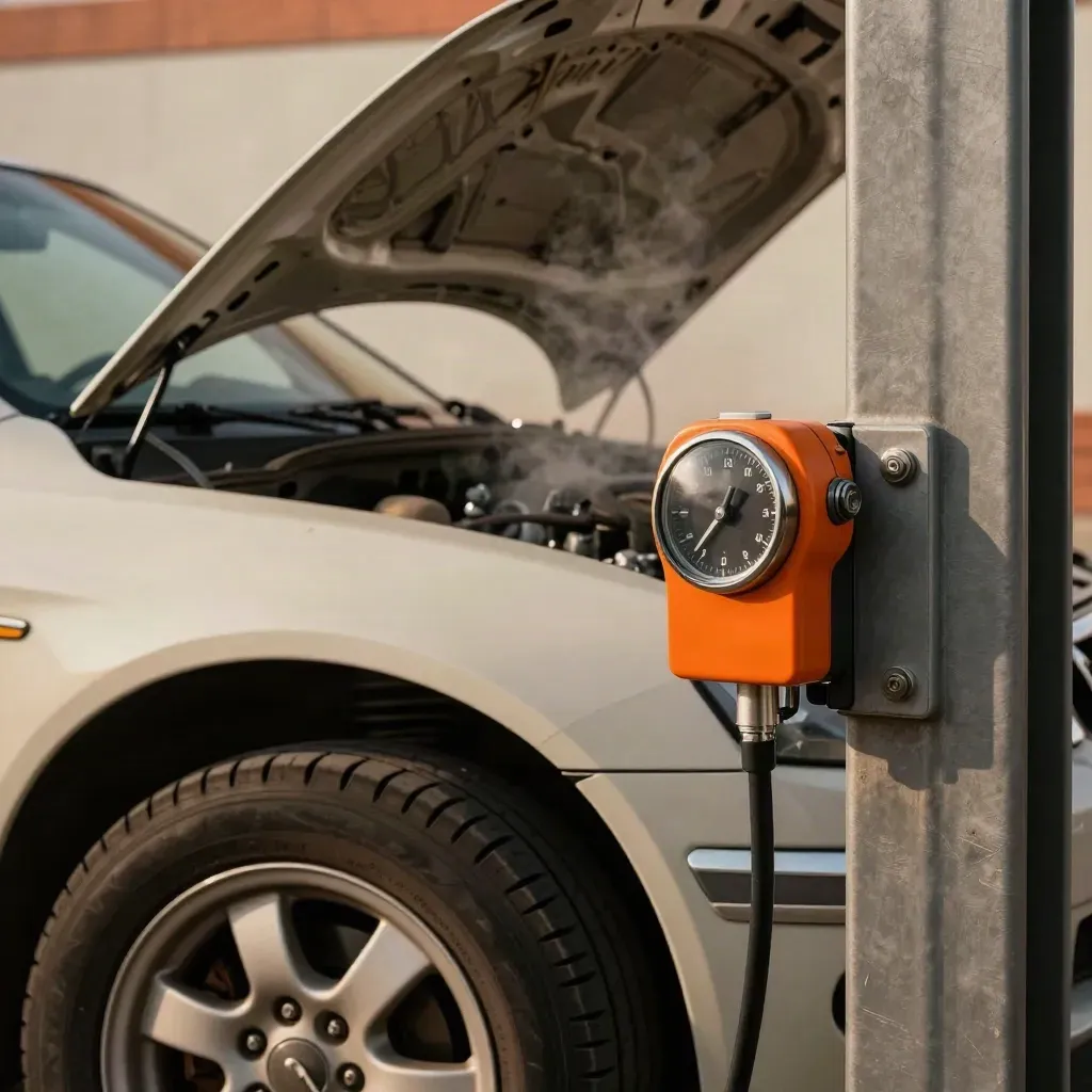 Orange shop timer clipped to a lift post beside an open crossover hood with steam rising.