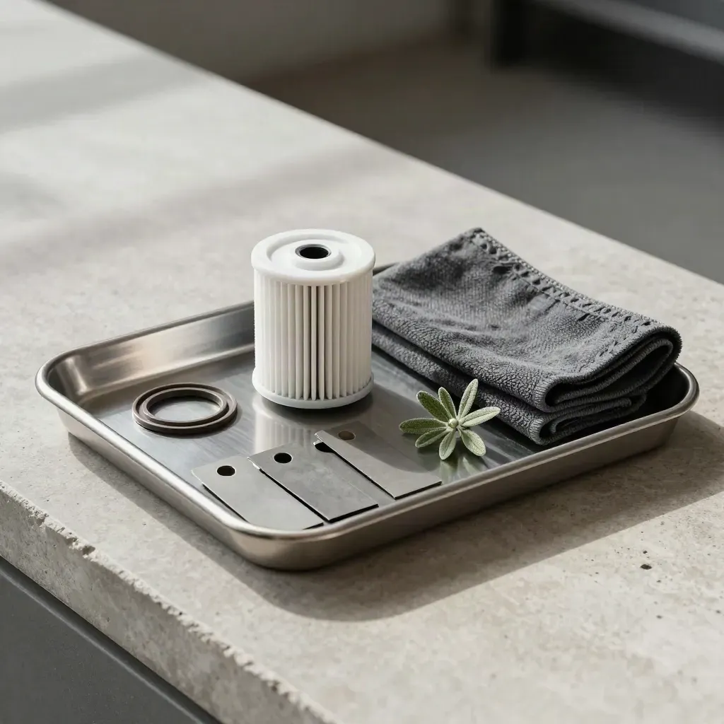 Oil filter, gasket ring, bin tags, cloth and plant arranged on a stone tray in soft light.