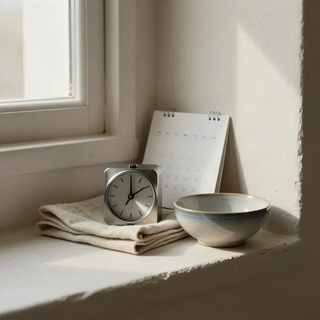 Timer, reminder puck, card, cloth, and bowl on a plaster shelf in soft window light.
