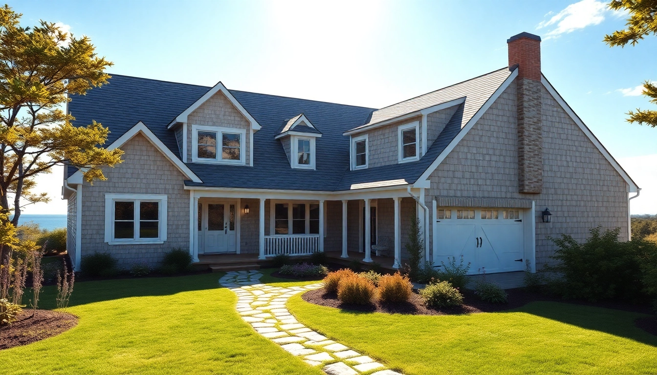 Stylish cape cod home with attached garage showcased in a coastal setting.