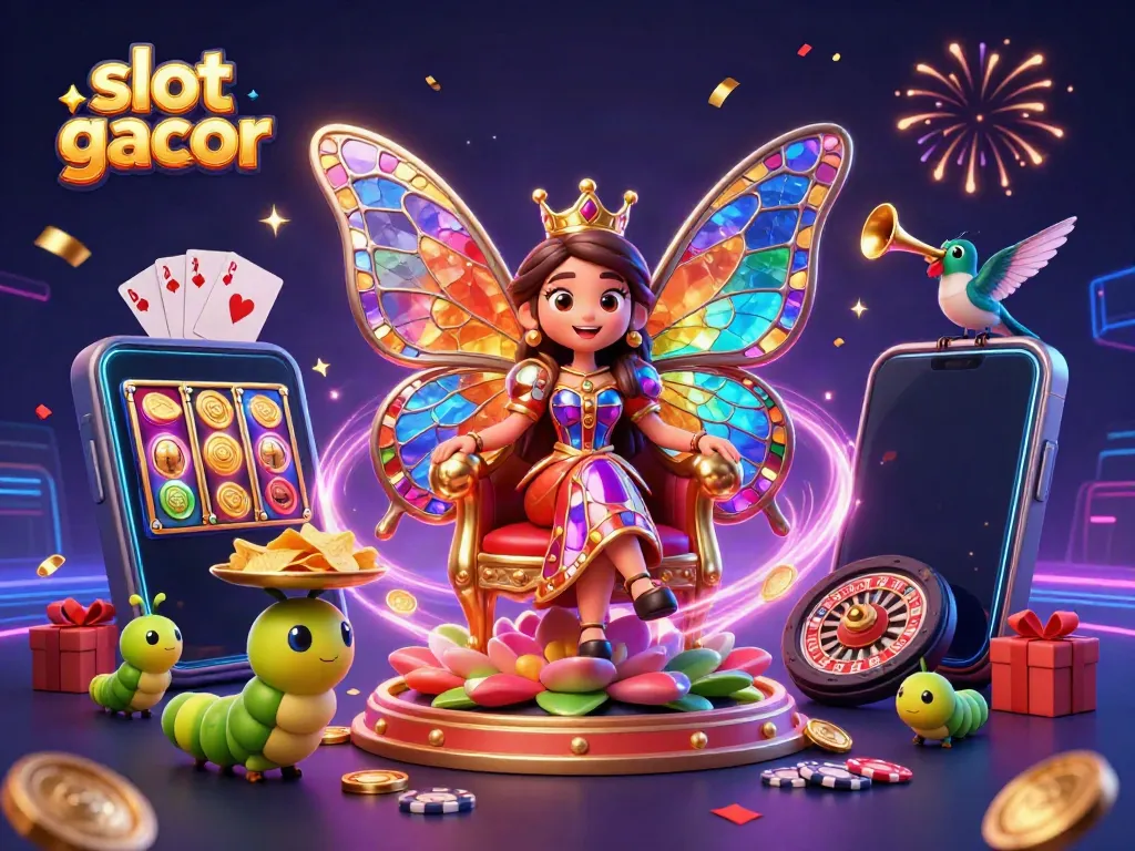 Gali kemenangan di slot gacor dengan ilustrasi ratu kupu-kupu dan elemen kasino yang kaya