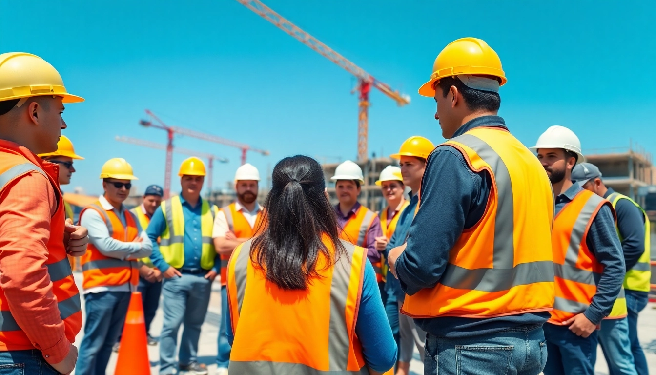 Engaged group in construction safety training showcasing teamwork and learning in a vibrant site.