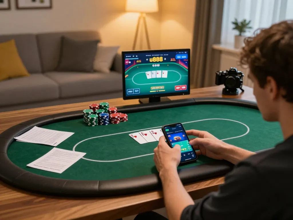 Engaged player strategizing with u888poker app on smartphone amid cozy home setting.