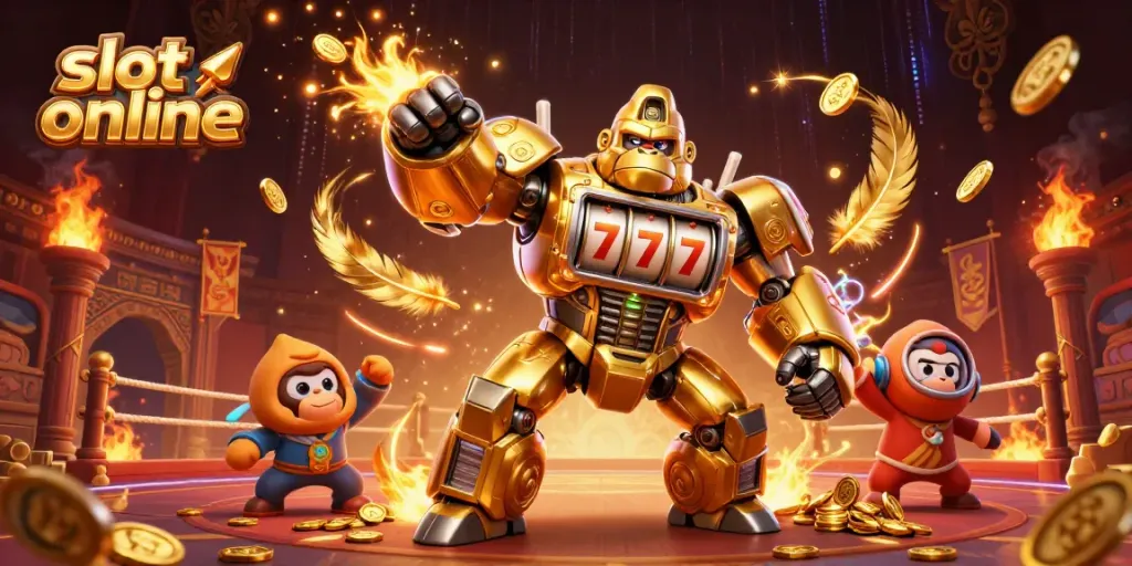 Experience slot online excitement with a dynamic golden gorilla mech and winning symbols in action.