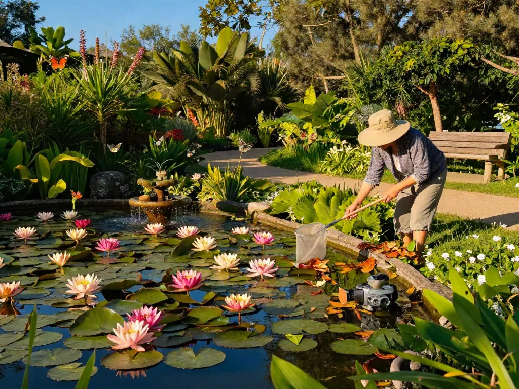 Beautiful garden pond featuring vibrant water lilies and a gardener tending to the plants.