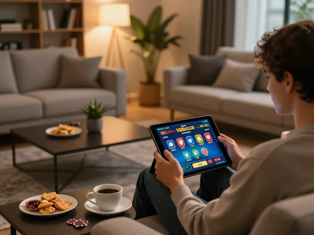 Player enjoying online games at 100cuci on a tablet in a cozy living room setting, engaging atmosphere