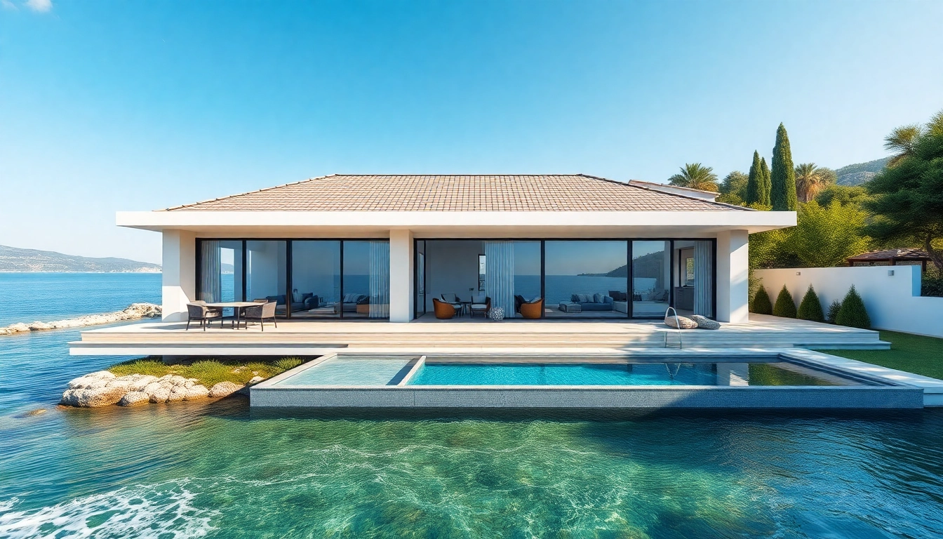 Showcasing luxurious houses for sale in alanya turkey, featuring a modern villa with a swimming pool by the sea.