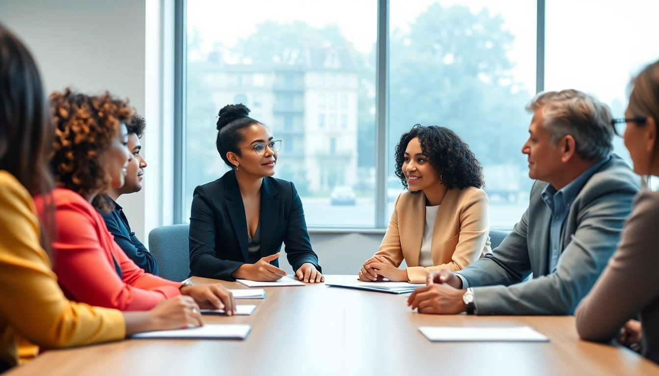 Mediation session with diverse individuals at a conference table discussing solutions.