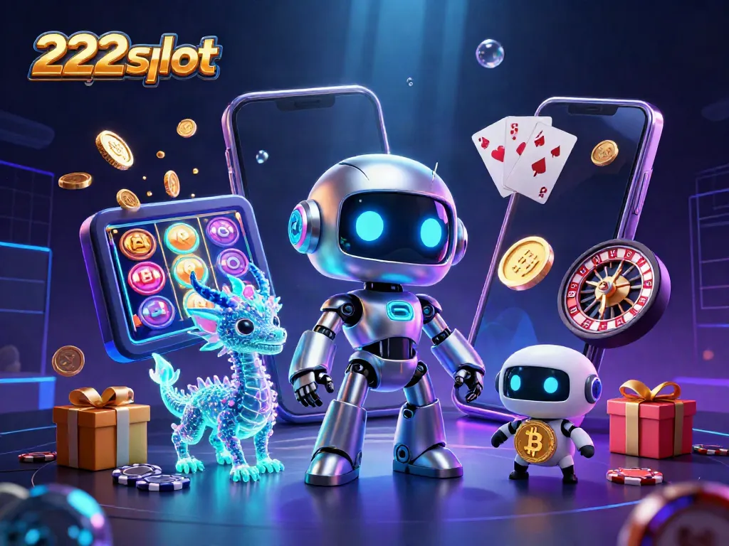 Mainkan 222slot dengan karakter robot futuristik dan elemen kasino yang menyenangkan.