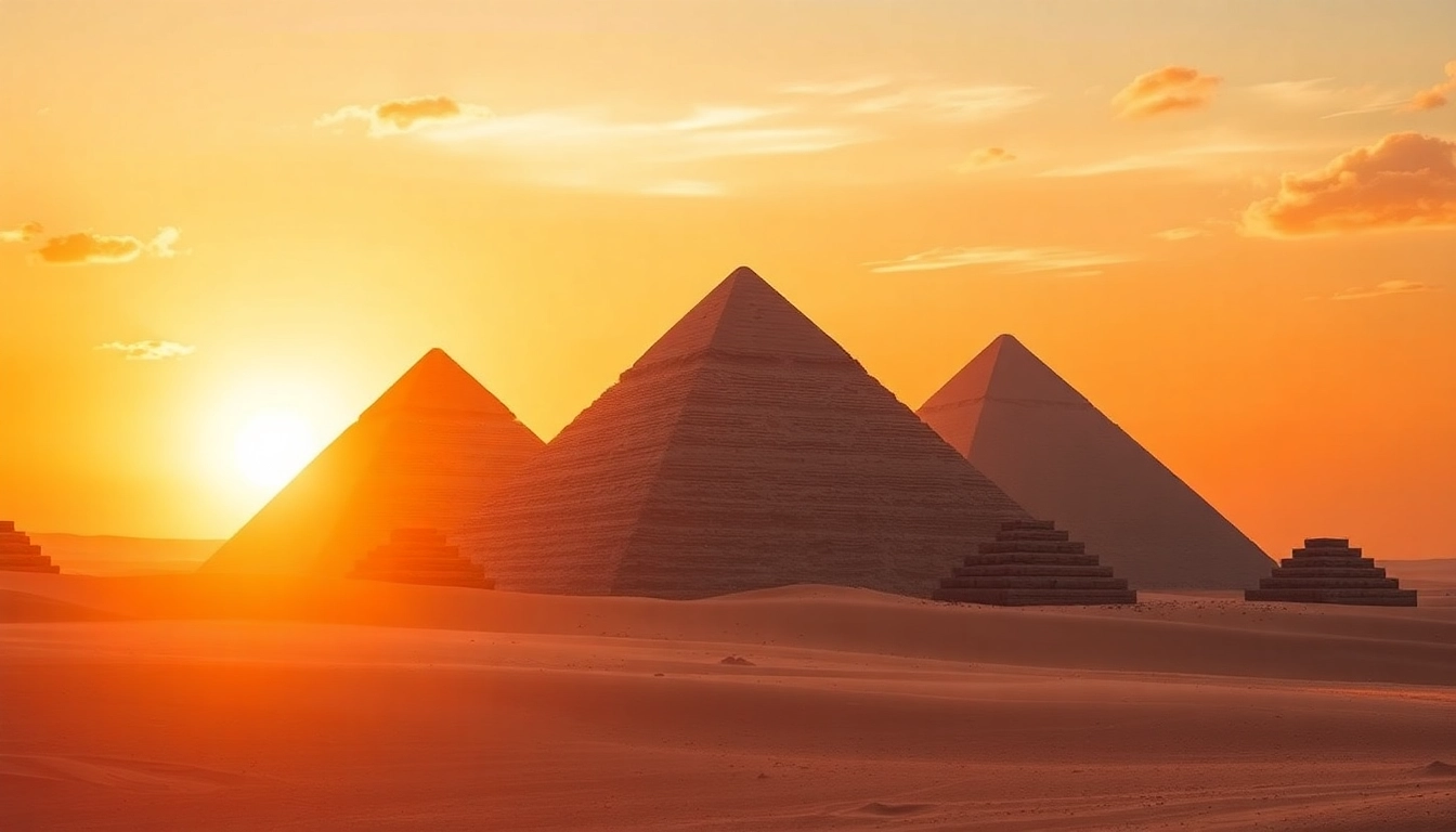Marvel at the intricately designed pyramids representing Egypt's ancient heritage illuminated by the sunset.