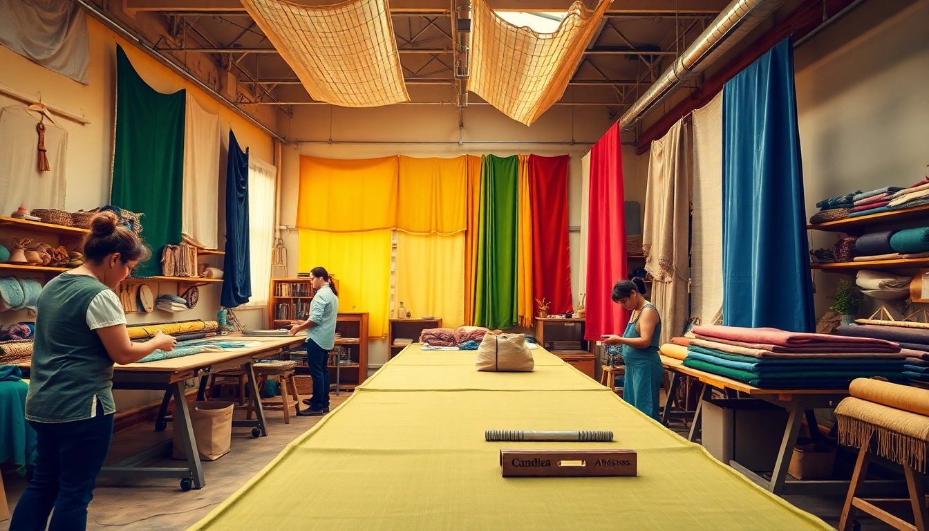 Verken duurzame stoffen in een actieve textielwerkplaats met vakmanschap en kleurrijke materialen.