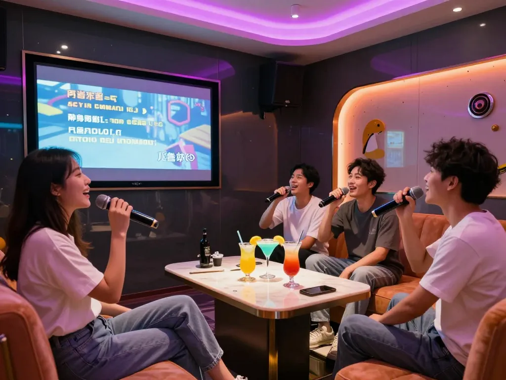 생동감 넘치는 개인 라운지에서 노래방을 즐기는 친구들