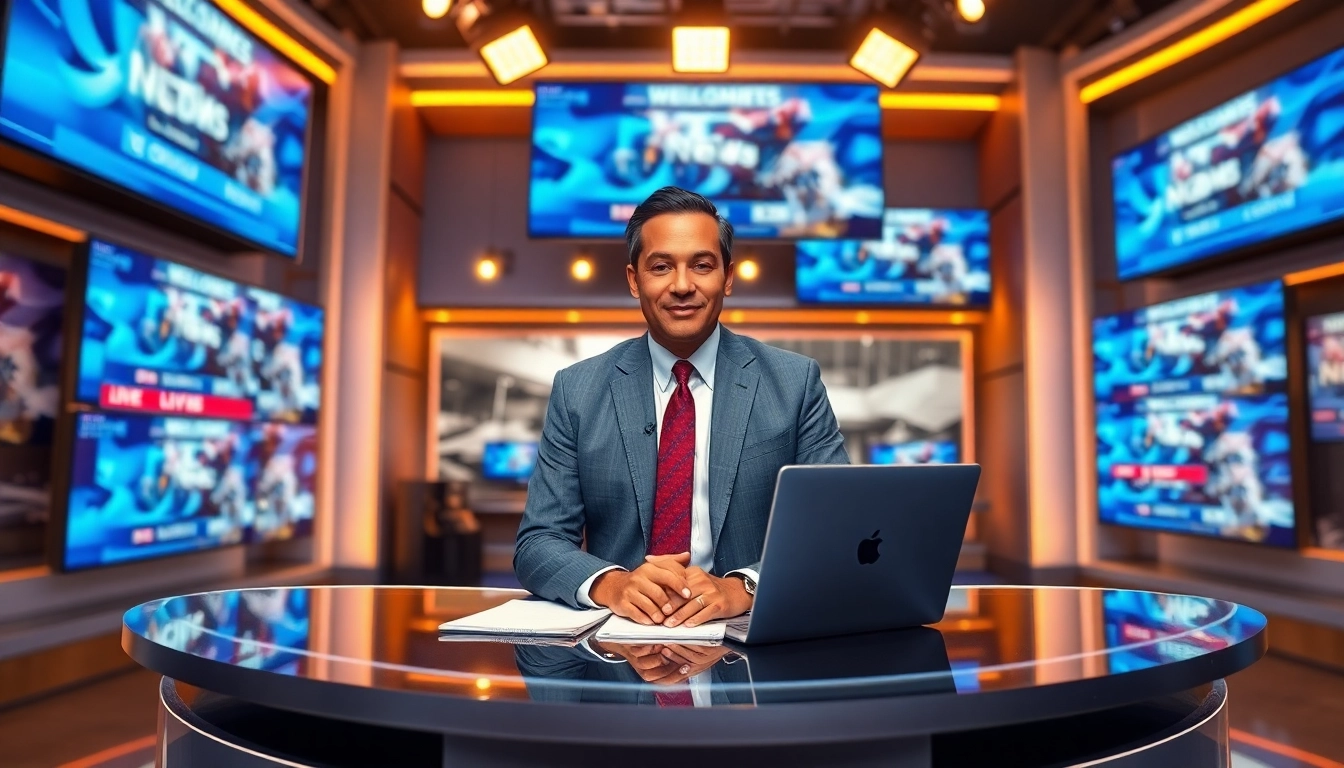 Catch breaking news updates with a trusted news anchor presenting live from a modern newsroom.