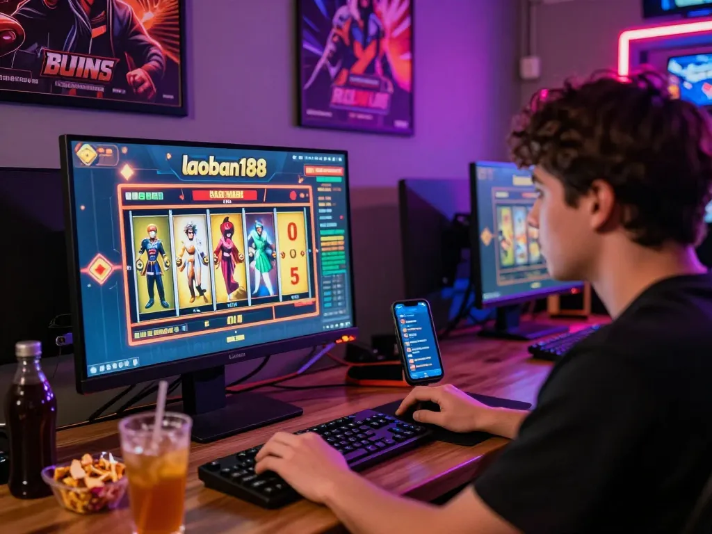 momen permainan online yang mendebarkan dengan permainan slot laoban188 ditampilkan di layar dikelilingi oleh camilan dan lampu neon.