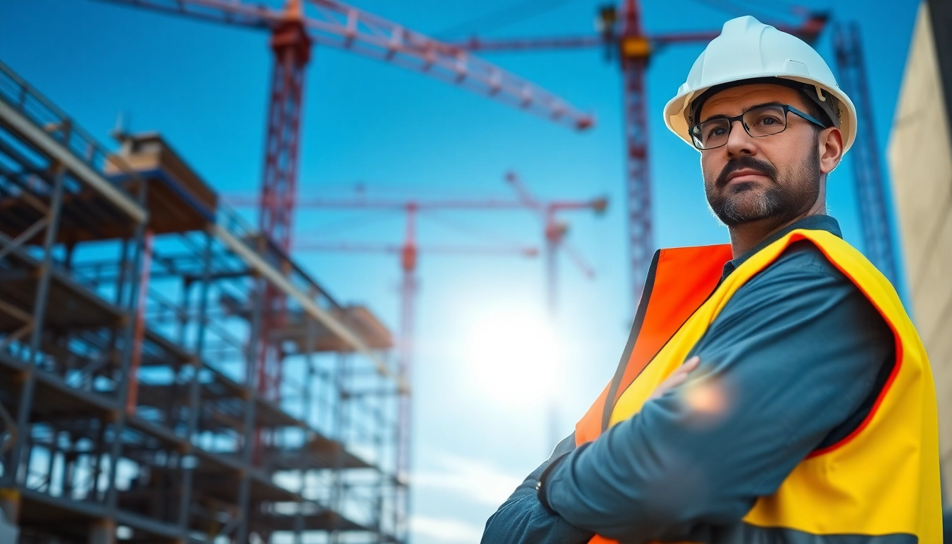 New York Construction Manager guiding a bustling construction site with vibrant activity.