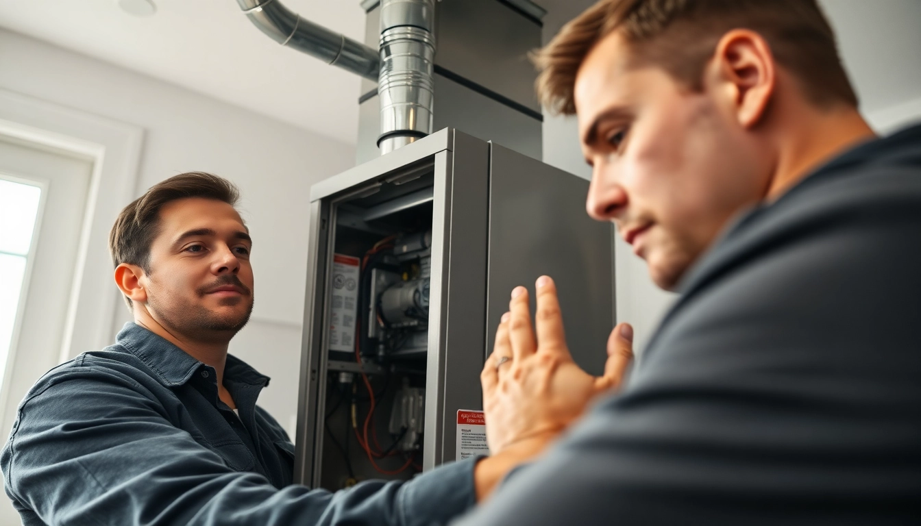 Technician installing american standard furnace in a utility room.