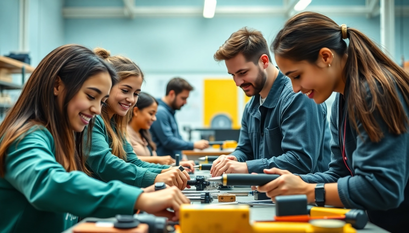 Students collaborating in a hands-on workshop at an abc trade school, showcasing practical training.
